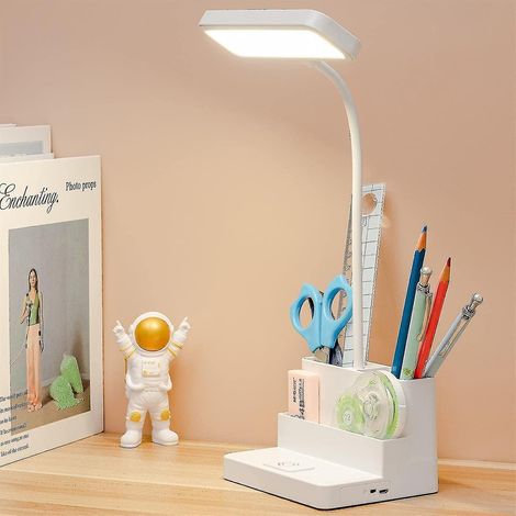 Lampe de bureau LED avec porte-stylo/téléphone intégré, rechargeable et dotée d'un bras flexible, 3 couleurs (1/4)