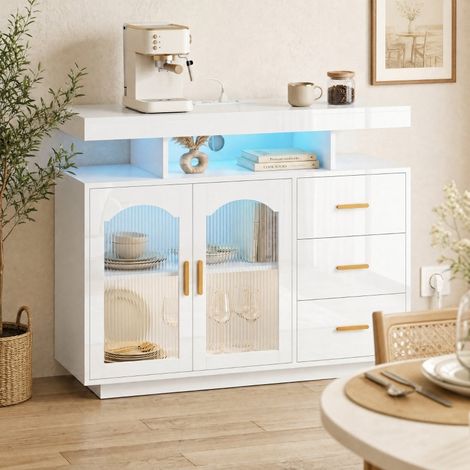 Buffet avec éclairage LED, prises intégrées, 3 tiroirs, étagères et 2 portes en acrylique, blanc brillant (1/5)