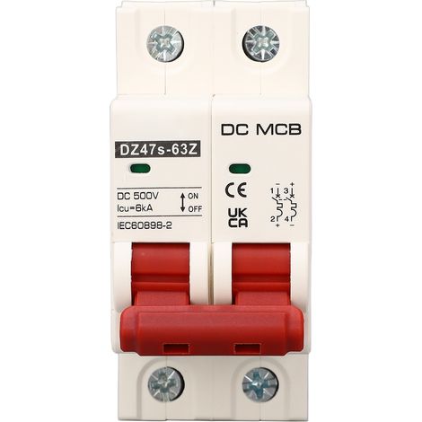 Disjoncteur miniature bipolaire DZ47s-63Z 500 V CC pour systèmes photovoltaïques. Montage sur rail DIN possible, 6 000 A ou 63 A. (1/5)