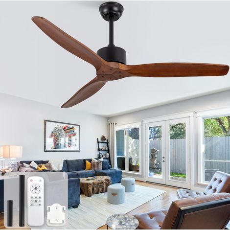 Ventilador de techo de 52 pulgadas sin luz, 3 palas de madera, mando a distancia, negro y nogal (1/5)