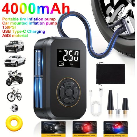 120 Watt Wireless Digital Display Car Air Pump Portable Motorcycle Tire Inflator Air Compressor, Wireless Portable Car Tire Inflator With LED Light And Nozzle Adapter (1/5)