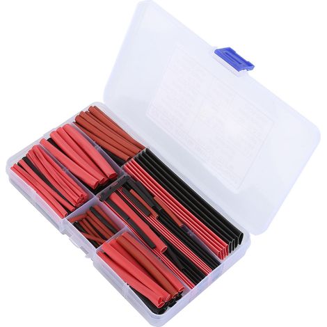 150 gaines thermorétractables écologiques, disponibles en rouge et noir, 8 tailles différentes, conditionnées en boîte. (1/5)