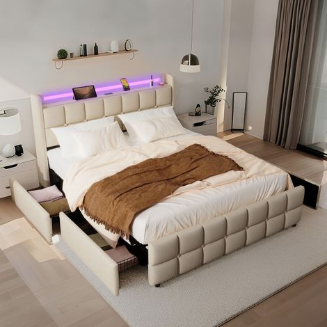 Cadre de lit tapissé moderne XMETPR 160x200, 4 tiroirs de rangement sous le lit, LED, station de charge USB, silencieux et facile à monter,Tête de lit beige (1/5)