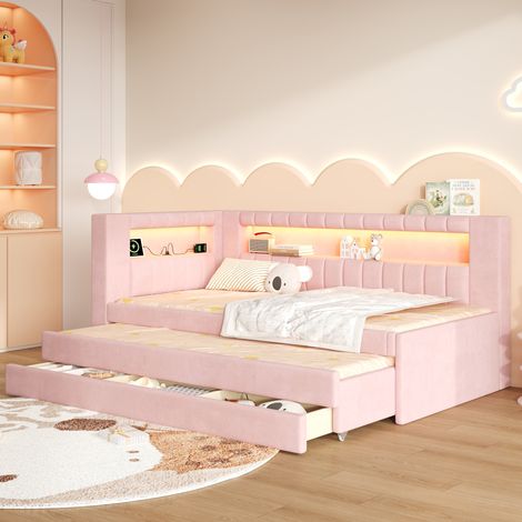 Lit gigogne 90x200 cm MDF rose, LED USB et 3 tiroirs, gain de place, sans matelas – MEUBLIV (1/5)