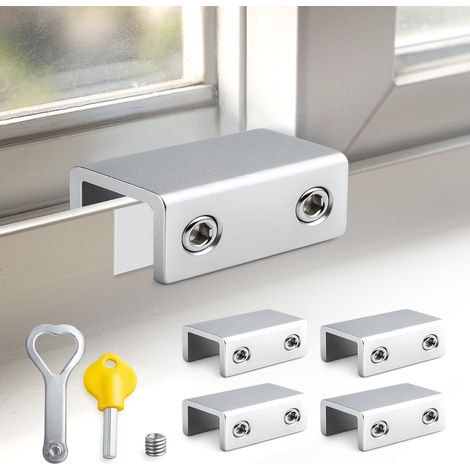 4 jeux de serrures de fenêtre coulissantes avec joints anti-rayures Serrure de sécurité et clé Butée de fenêtre en aluminium réglable pour une largeur de 12 à 15 mm (1/5)