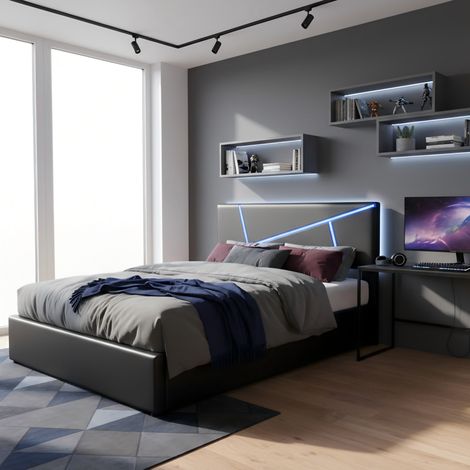 Lit double confortable 90x200 cm avec sommier à lattes, dossier rembourré, bandeaux LED intégrés et coffre hydraulique, revêtu de cuir synthétique noir