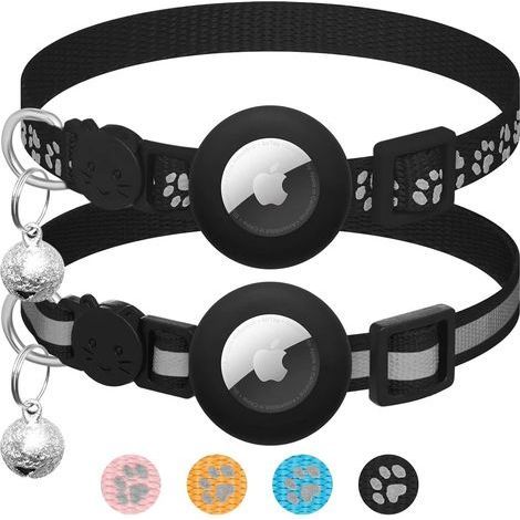 Lot de 2 colliers pour Apple AirTag pour chat avec clochette, collier réfléchissant pour chat avec support Airtag, réglable de 17,8 à 30,5 cm, avec boucle de sécurité noir (1/5)