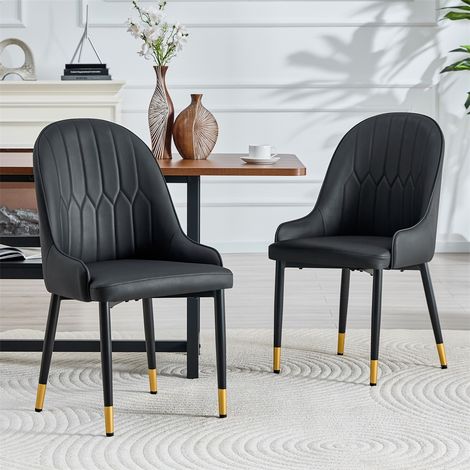 Lot de 2 Chaises de Salle à Manger - 47x44x91cm - Design Dossier "Éclair" en Cuir PU avec Pieds en Métal Doré et Noir - Noir (1/5)