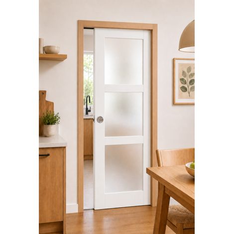 Porte Coulissante Kenya Blanc Vitrée H204 X L93 Cm, Galandage, Kit Finition (coquille Et Tire Doigt) Gd Menuiseries (1/4)