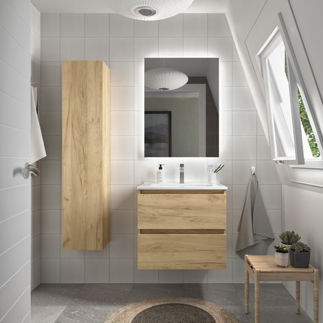 Mueble de baño Bequia 70 cm Roble con Lavabo de porcelana (1/7)