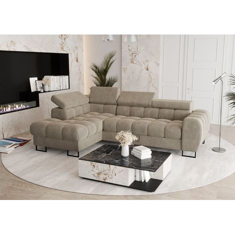 Ecksofa Schlafsofa BASTIEN in Stoff Terra Beige Ottomane Links