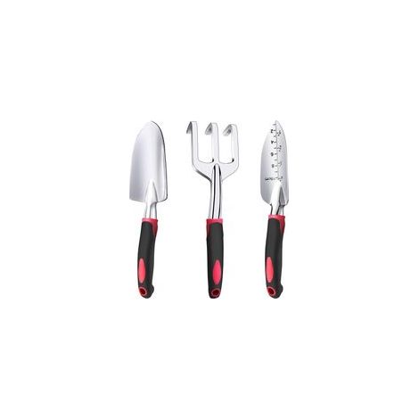 Cet ensemble de trois outils de jardinage est fabriqué en aluminium robuste et comprend une petite pelle, une petite bêche et un râteau à main avec une poignée en caoutchouc souple et antidérapante. (1/4)
