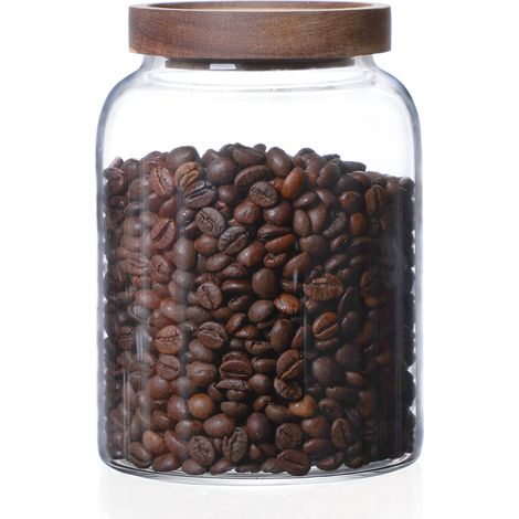 Lot de 1200 ml en verre avec couvercle, bocaux hermétiques avec couvercle en bois, bocaux de conservation pour céréales, verre, stockage de farine, récipient en verre à grains de café (1/5)