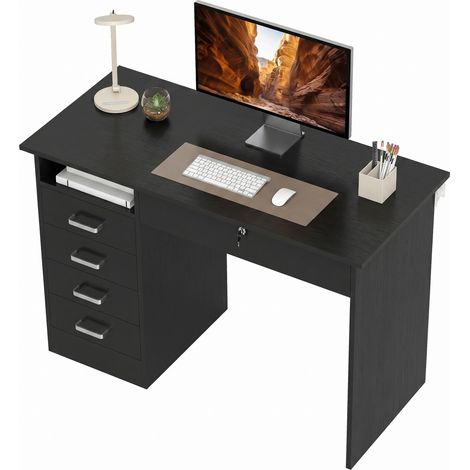 Bureau moderne avec 5 tiroirs, grand plateau, 1 compartiment ouvert, tiroir verrouillable, 110 x 50 x 76cm, noir (1/5)