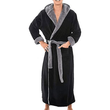 Peignoir long d'hiver chaud à capuche pour homme, en éponge, taille XL, noir et gris. (1/5)