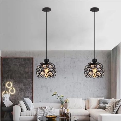 2x Rétro Lustre Suspension Luminaire Vintage en Cristal Noir Lampe Plafonnier Industrielle Métal pour Salon Chambre (1/4)