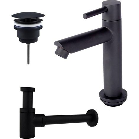 Fortifura Calvi - Ensemble lave-main avec robinet bas à poser, bonde non obturable et siphon design noir mat (1/4)