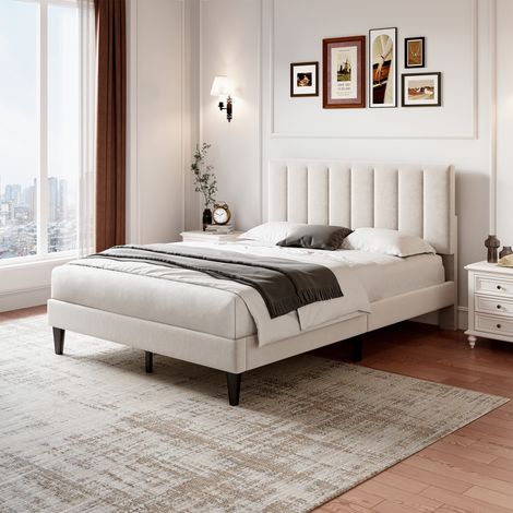 Double Upholstered Velvet Bed Frame, with Adjustable Channel Tufted Headboard, Velvet Platform Bed Frame with Solid Wood Slat and Mute Foam, Beige (1/5)