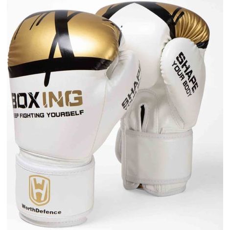 WOSWEIR 1 paire de gants de boxe 12 oz pour l'entraînement au kickboxing chez les adultes - Blanc/Or (1/5)
