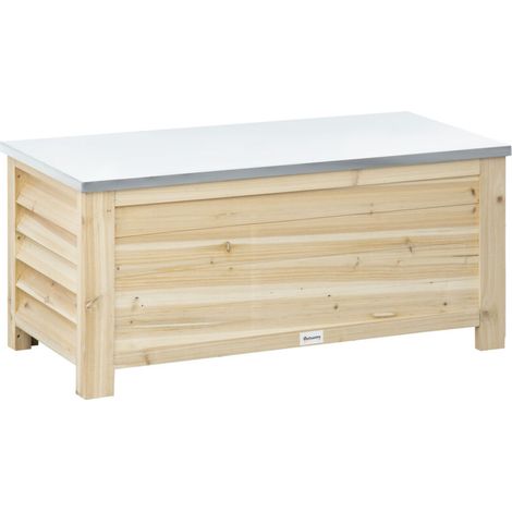 Coffre de jardin en bois et couvercle en métal galvanisé 155L avec vérins - 110 x 50 x 50 cm