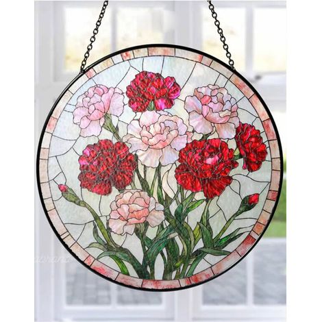 Attrape-soleil vitrail fleurs œillet 9 cm, décoration fenêtre, vitrail floral
