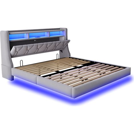 Cama capitoné 180 x 200 cm con cabecero elevable, LED, terciopelo gris claro MODENUIT (1/5)