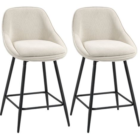 Lot de 2 tabourets de bar en velours côtelé avec pieds en acier, chaises rembourrées pour îlot de cuisine et salle à manger, couleur crème