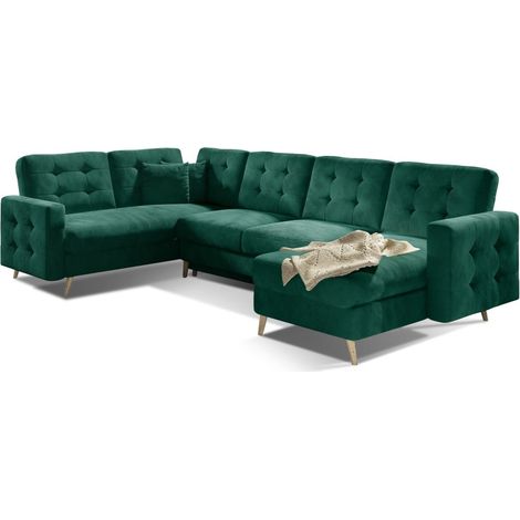Sofá esquinero panorámico convertible HASGARD U 326x202 cm verde esmeralda terciopelo (1/3)
