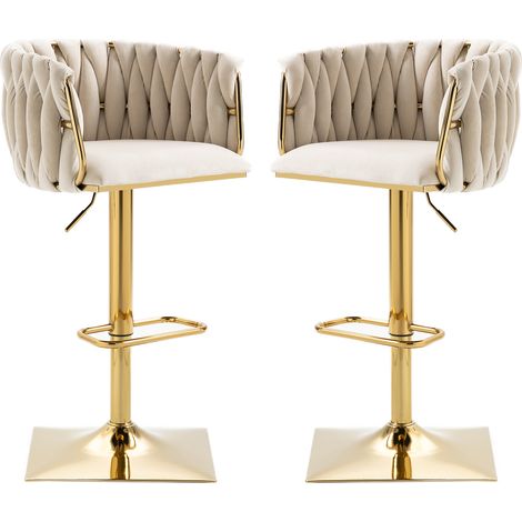 Tabouret de bar vintage pivotant avec dossier et repose-pieds, hauteur réglable, tissu en velours, pieds dorés (1/5)