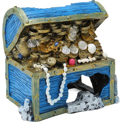 Coffre au trésor décoratif en résine pour aquarium, cachette pour aquarium, ornement bleu (1/5)