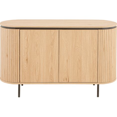 Calicosy – Buffet 2 portes effet rainuré 120 cm – Double plateau – Côtés lames verticales – Pieds métal noir – Système Push & Pull (1/5)