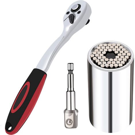 Clé à douille 3/8" et jeu d'outils à douille universels (7-19 mm), adaptateur de perceuse à percussion, poignée à cliquet (1/5)