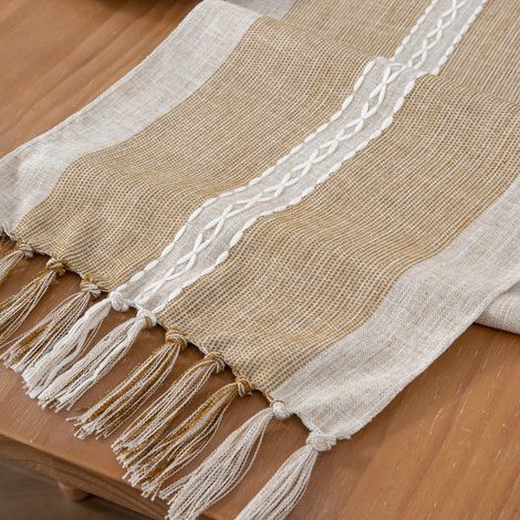(Coffee, 180cm)Embroidery Cotton Linen Table Runner Indoor Outdoor Farmhouse Style Coffee Table Runner 180cm with Tassels Handmade for Party,