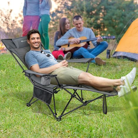 Chaise Longue de Camping Chaise Longue de Loisirs 2 en 1 Repose-pieds Amovible Dossier Réglable Sac de Rangement Porte-gobelet Appui-tête Gris (1/2)