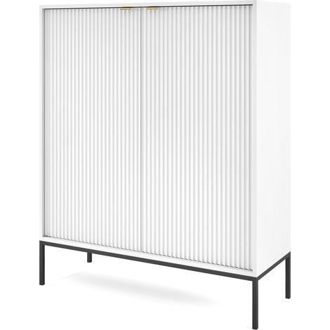 Kommode 100 cm Galla - Sideboard 2-türig mit Beinen & geriffelten Fronten - goldene Griffe - Wohnzimmerkommode (Weiß + Schwarz) (1/5)