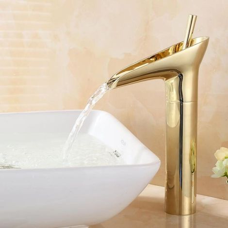 Wasserfall-Waschtischarmatur, Wasserfall-Einhebelmischer, Hohe Wasserfall-Waschtischarmatur, Goldene Waschtischarmatur (1/5)