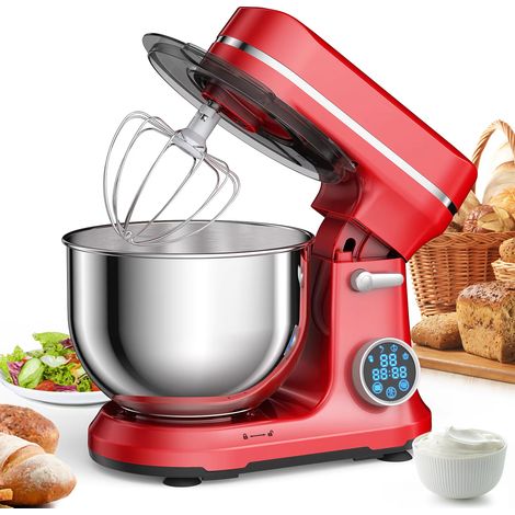 Robot pâtissier rouge – Moteur DC 1200W – 11 vitesses – Écran OLED numérique – Crochet à pâte + fouet