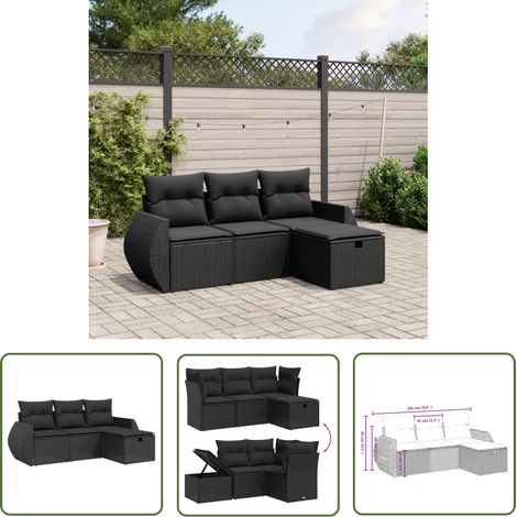 The Living Store Salon de jardin 4 pcs avec coussins noir résine tressée - Ensemble Salon De Jardin - Salon De Jardin Extérieur - Mobilier De Jardin - Meubles De Jardin - Chaise Longue (1/4)