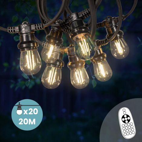 Guirlande Guinguette 20M 20 Bulbes Filament Blanc Chaud avec Variateur de Luminosité et Télécommande - Guirlande Lumineuse Ampoule E27 Transparente à Intensité Variable - Guirlande Guinguette Led
