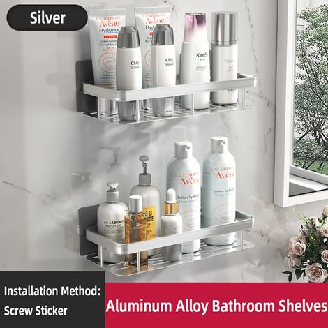 (Silver-B-2PCS) Étagère d'angle rectangulaire murale pour salle de bain, porte-serviettes, étagère murale de douche, porte-shampoing, étagère trépied sans perçage (1/5)