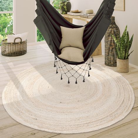 Paco Home Teppich Rund Wohnzimmer Jute Boho Ethno Muster Modern Handgefertigt Naturteppich Weiß, 80 cm Rund