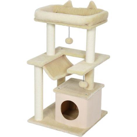 Tiragraffi per gatti, con giocattolo, trespolo e amaca, 48 x 48 x 90 cm, colore crema, spedito direttamente dal negozio. (1/5)