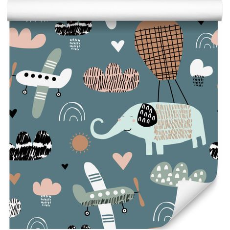 Carta da parati con elefanti, aerei e nuvole in stile scandinavo, 50x1000 cm (1/5)
