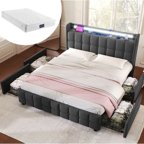 Lit 140x200 avec 4 tiroirs, LED, USB, bois gris HAVRYA (1/5)