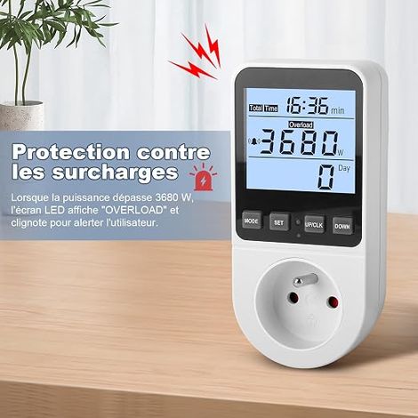 Wattmètre Prise Compteur d'Énergie Prise Consommation Electrique Wattmètre Écran LCD Mesure Consommation d'Énergie Compteur Électrique 3680W (1/2)