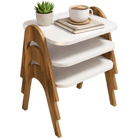 Wohnzimmertisch Cerrione, Set aus 3 stapelbaren Teilen, rechteckig, Gestell braun, 49x36x42h cm, weiß