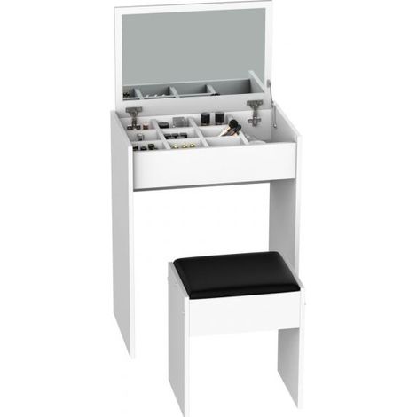 EASYCOMFORT Tavolo da Trucco con Sgabello, Vano Contenitore (10 Scomparti) Specchio Richiudibile, MDF Bianco, 60.2 x 40.2 x 79cm