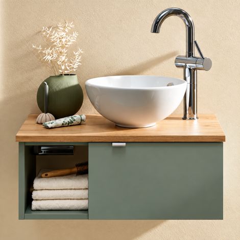Ensemble lave-mains : meuble Iglou Azurlign 61 cm + vasque + plan + robinetterie – Vert mat et chêne (1/5)