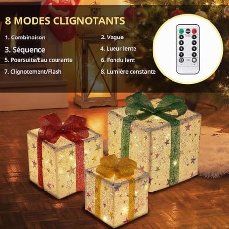 Lot de 3 boîtes cadeaux étoiles de Noël, boîte de décoration lumineuse de Noël avec 50 LED, minuterie et télécommande, 8 boîtes cadeaux Modos, décorations lumineuses pour sapin de Noël (1/4)