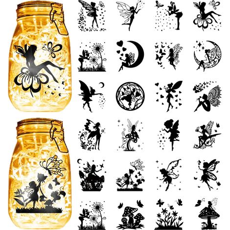 24 Autocollant Silhouette Fée pour Pot Mason Décalcomanies Découpe PVC Transparent Étanche Fournitures D'Embellissement Noël pour Pots Lanternes Scrapbooking Fenêtres Murales Verre 9x10cm (1/5)